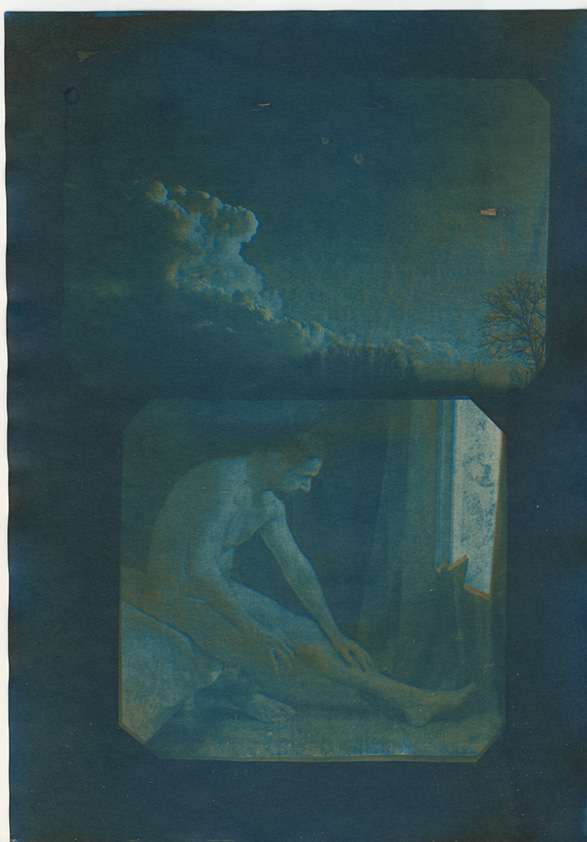 Nu masculin assis et cumulonimbus, Cyanotype sur papier, double tirage bicolore, 2020